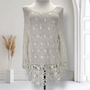 Kut from the Kloth White Loose Knit Sweater Size L Cotton Crochet Starfish Hem